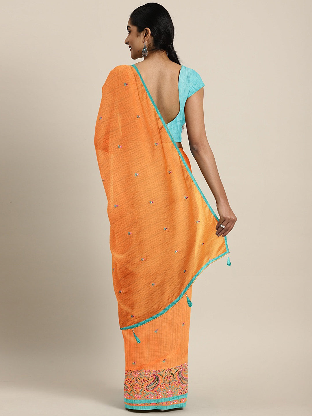 Neerus Orange Embroidered Saree With Blouse