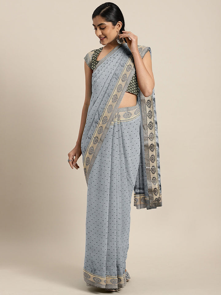Neerus Grey Printed Saree With Blouse
