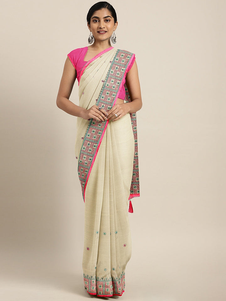 Neerus Beige Color Chiffon Fabric Saree