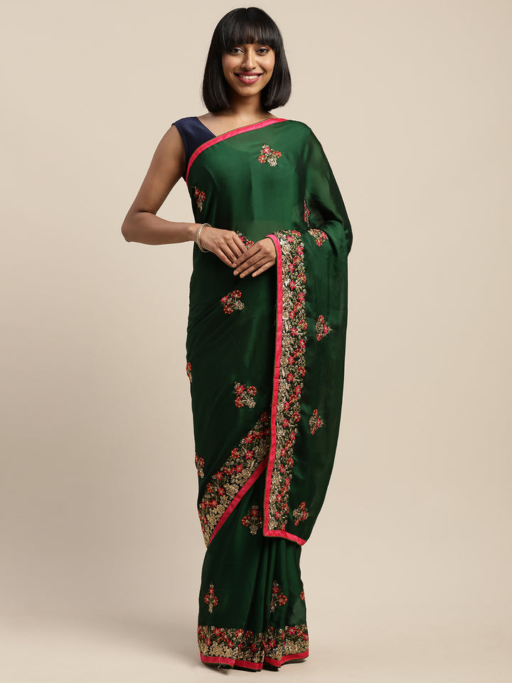 Neerus Green Embroidered Saree With Blouse