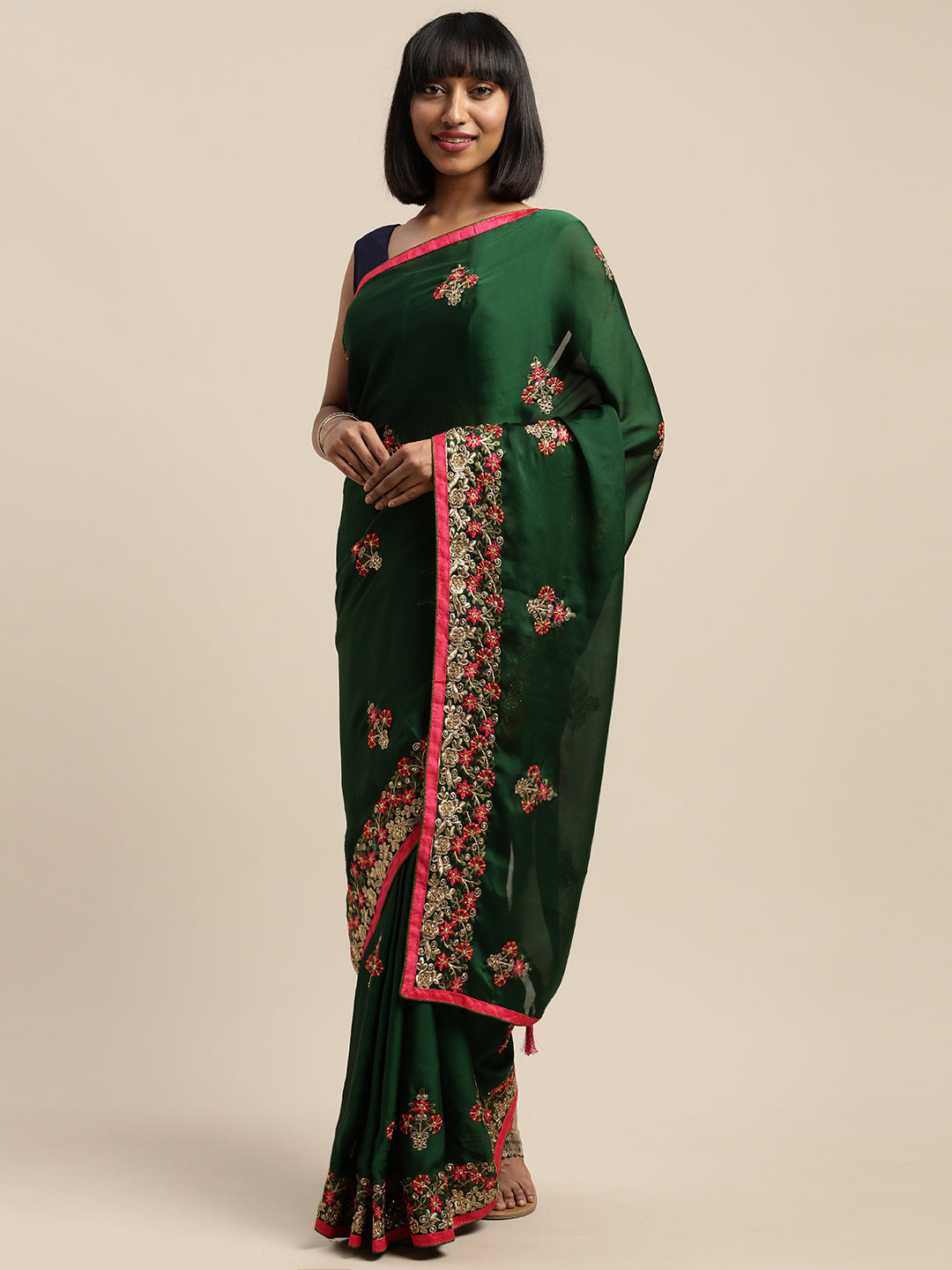 Neeru's Green Embroidered Saree With Blouse