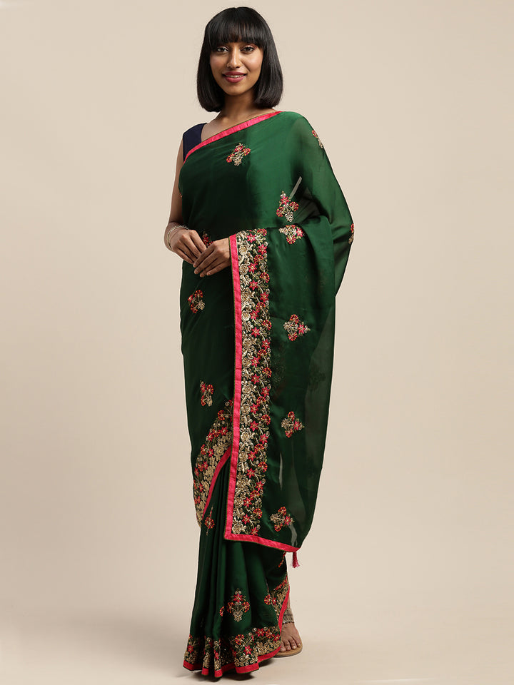 Neerus Green Embroidered Saree With Blouse