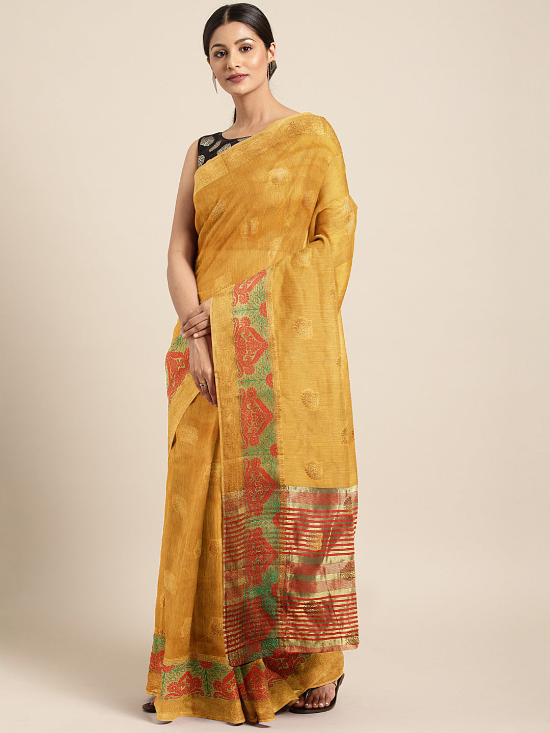 Neeru's Yellow Textured Saree With Blouse