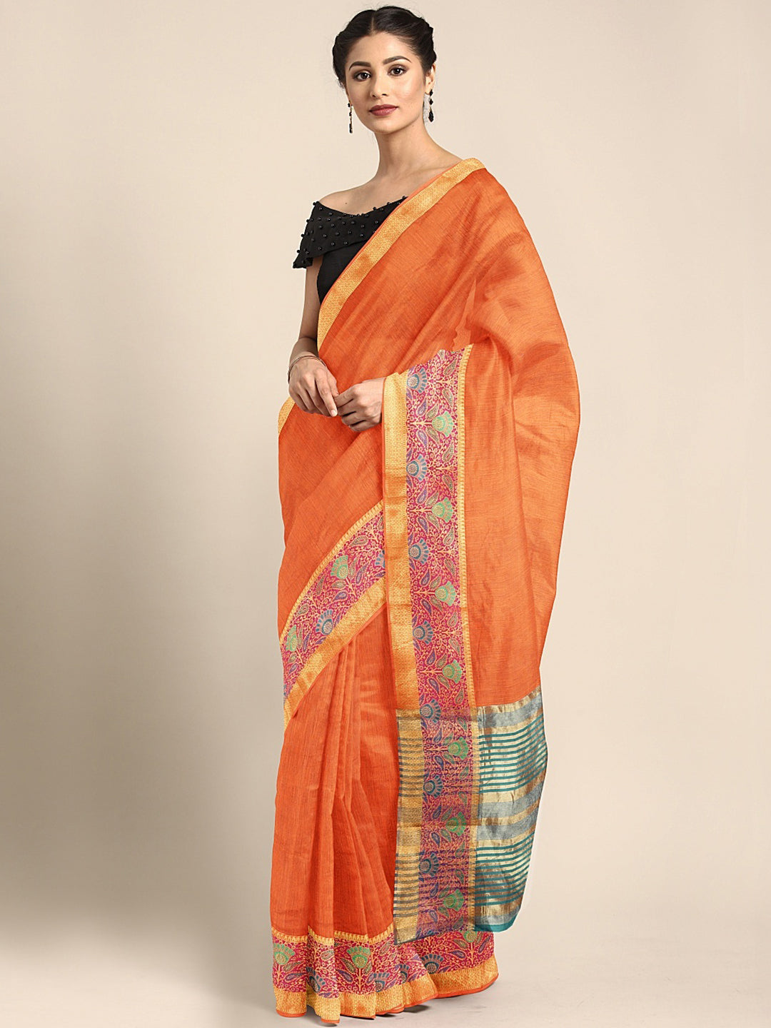 Neerus Orange Textured Saree With Blouse