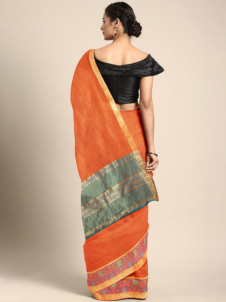Neerus Orange Textured Saree With Blouse