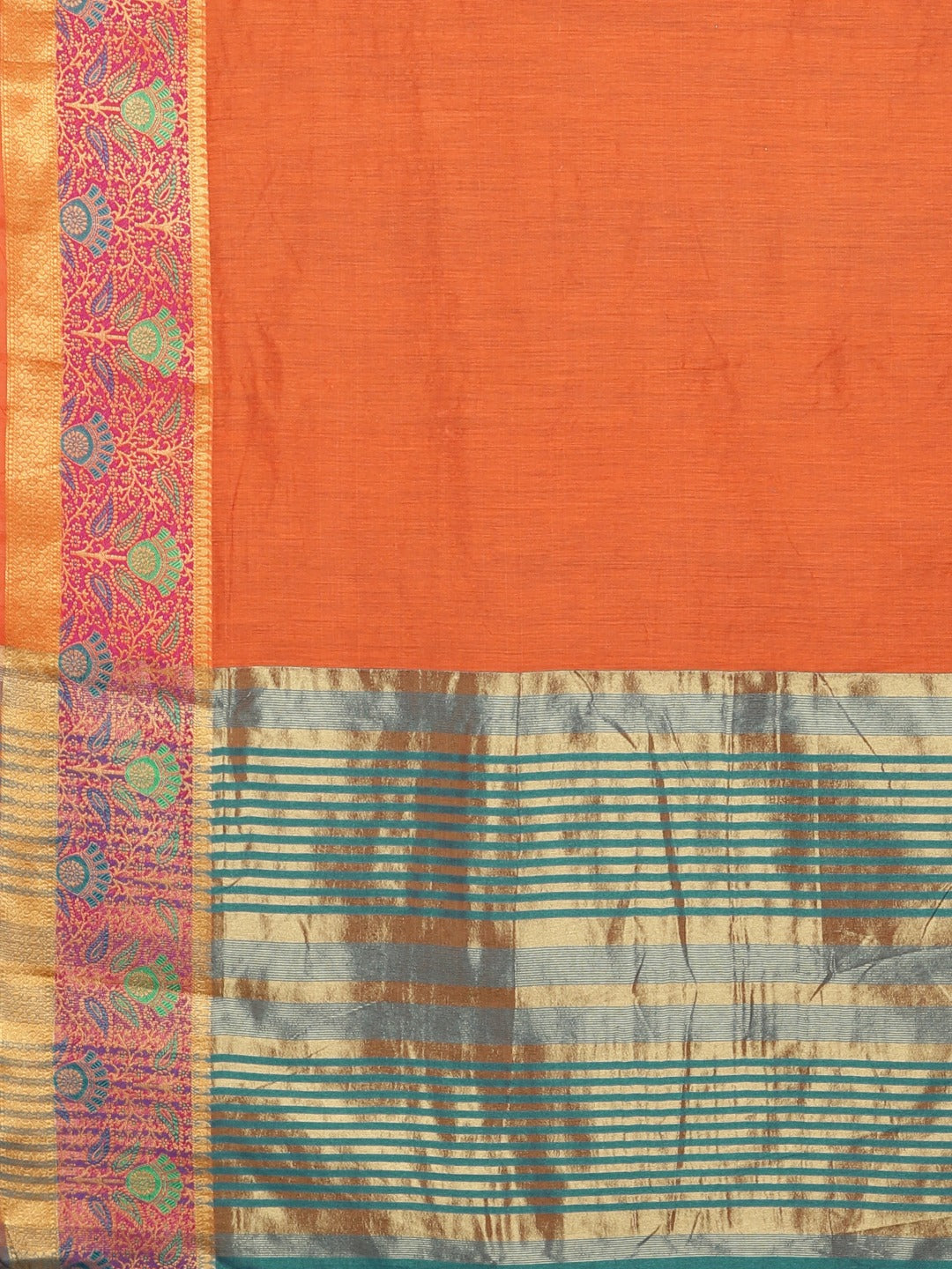 Neerus Orange Textured Saree With Blouse