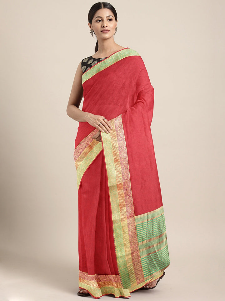 Neerus Red Chanderi woven saree - front view