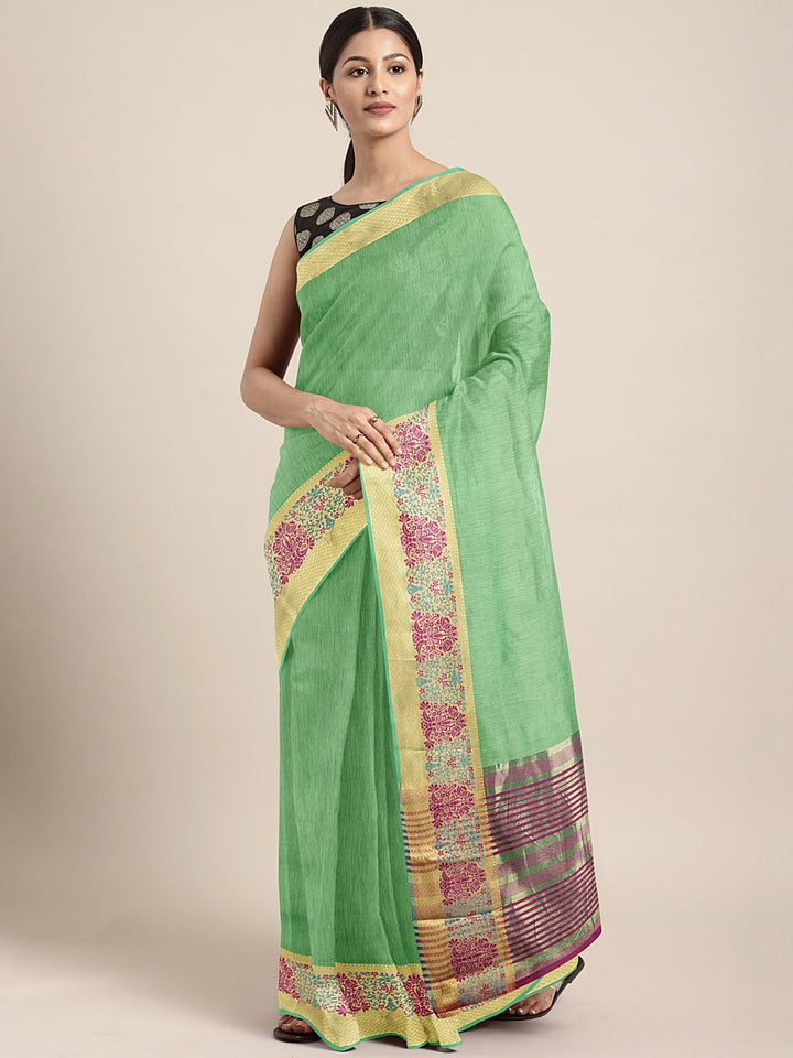 Neerus Green Textured Saree With Blouse