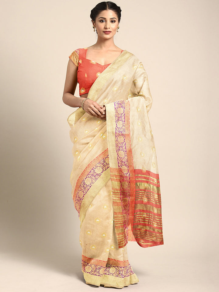 Neerus Beige Textured Saree With Blouse