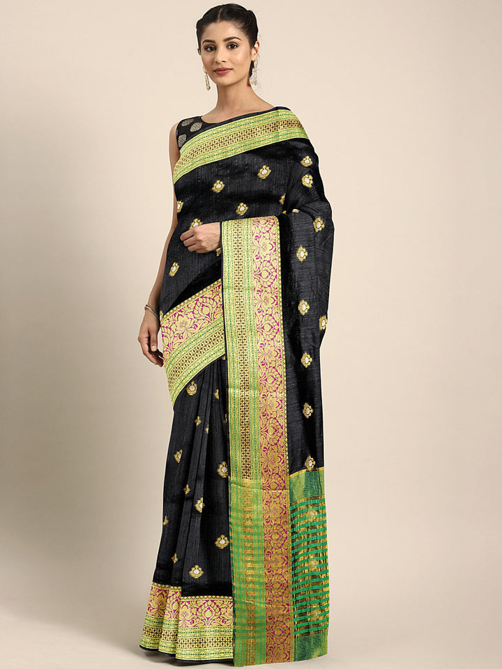 Neerus Black Chanderi woven saree - front view