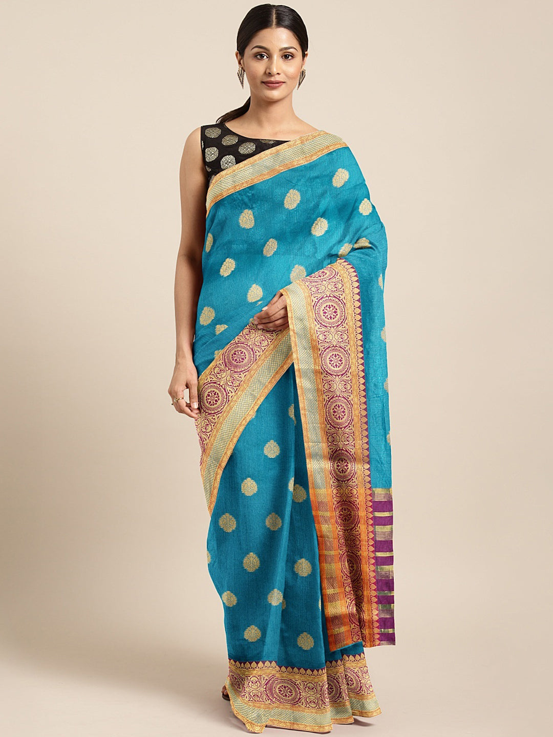 Neerus Blue Textured Saree With Blouse