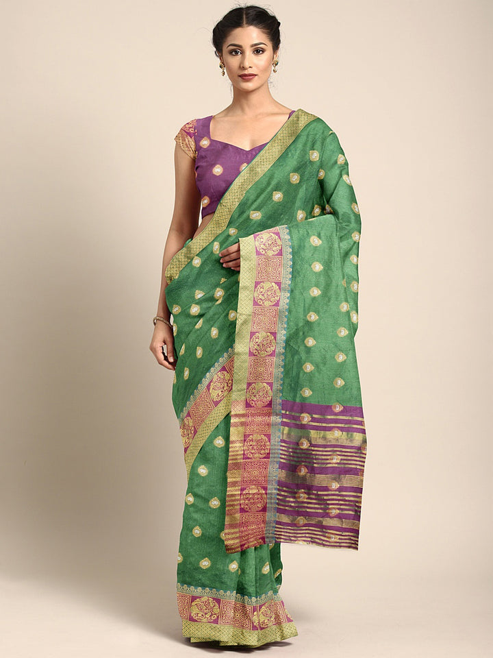 Neerus Green Textured Saree With Blouse