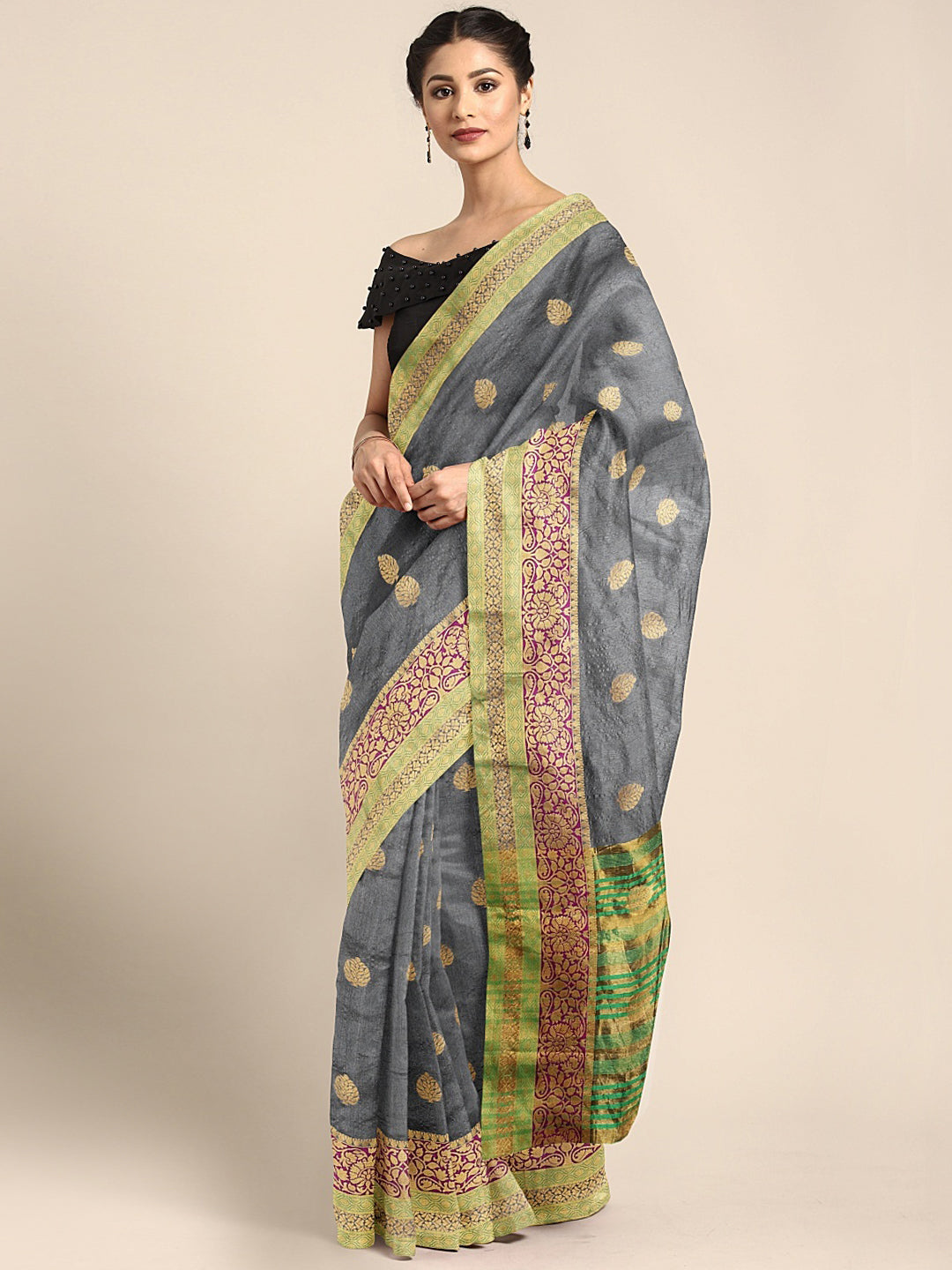 Neerus Grey Color Silk Cotton Fabric Saree With Blouse Piece