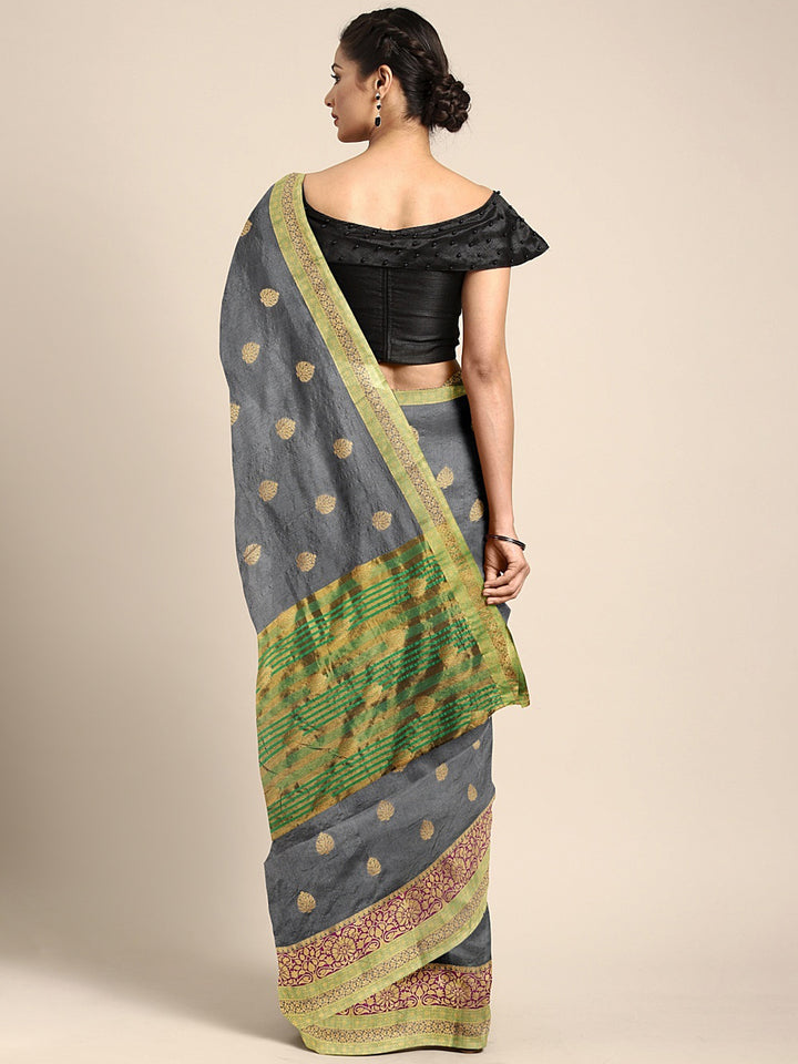 Neerus Grey Color Silk Cotton Fabric Saree With Blouse Piece