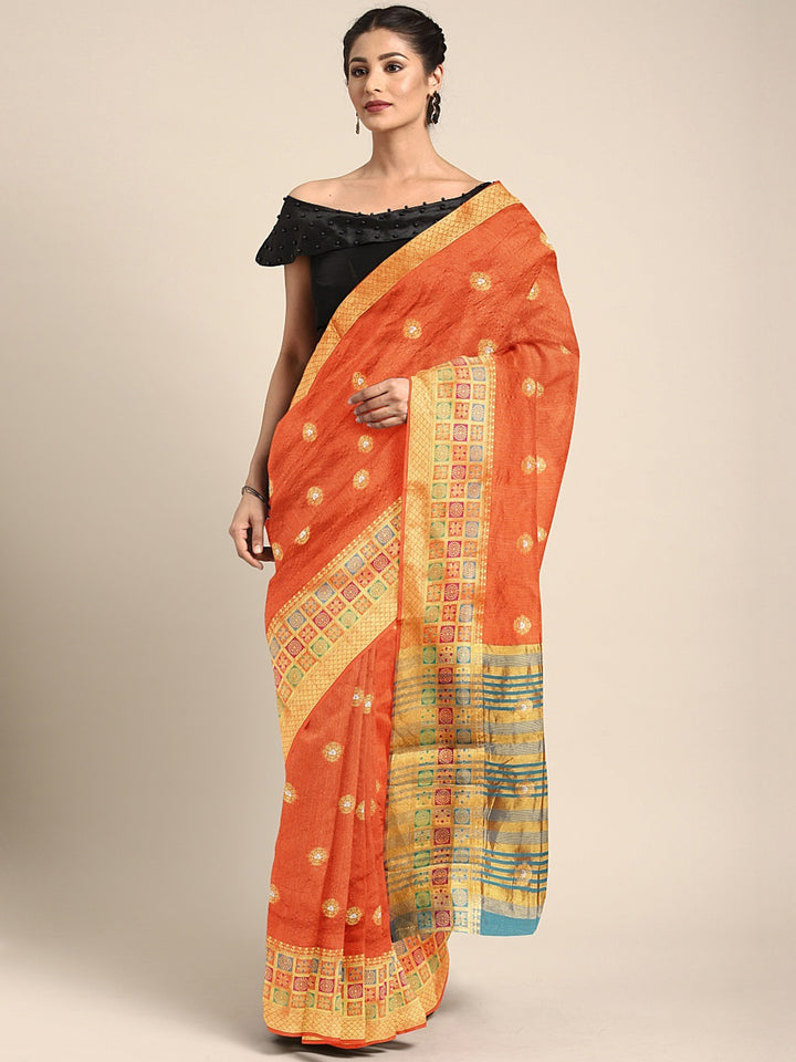 Neerus Orange Chanderi woven saree with blouse piece - front view