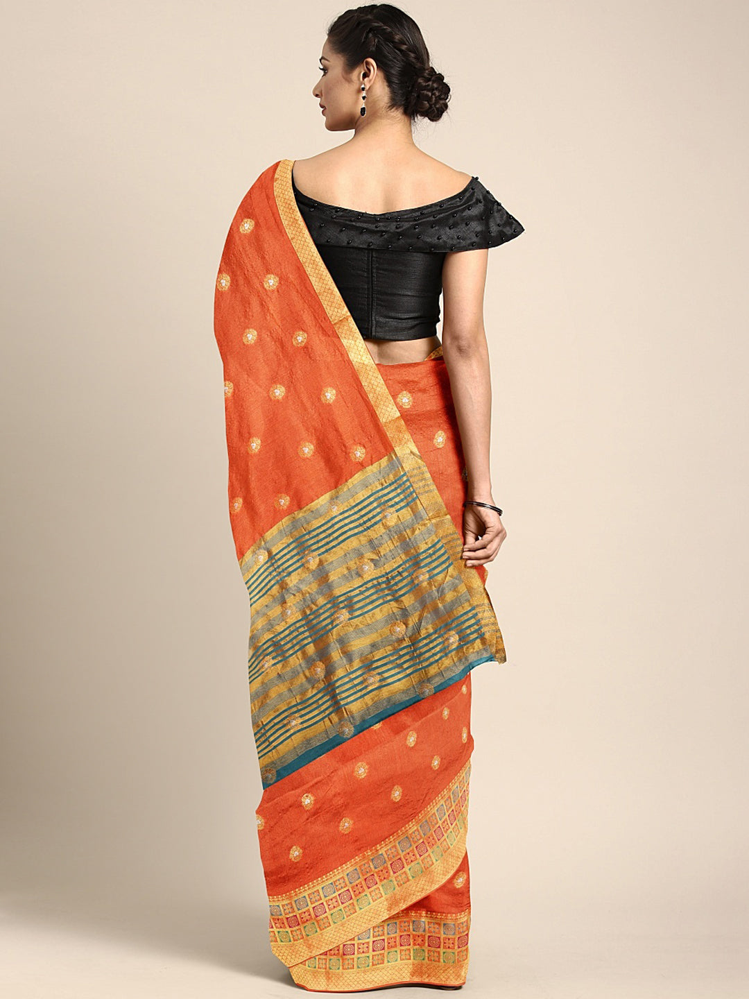 Neerus Orange Textured Saree With Blouse