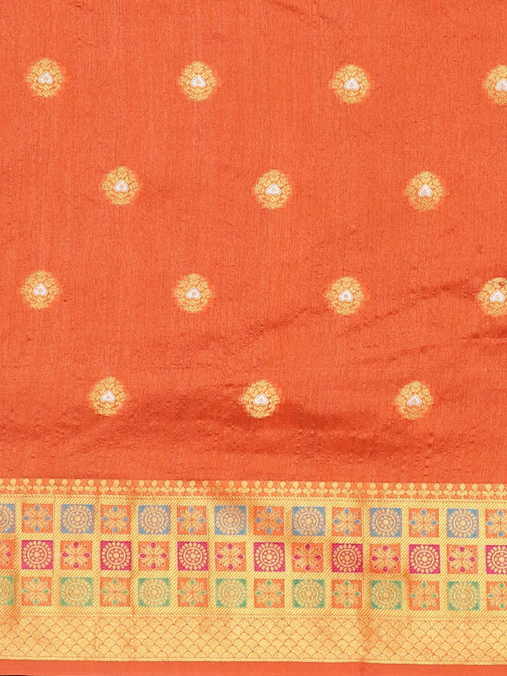 Neerus Orange Chanderi woven saree with blouse piece - side view