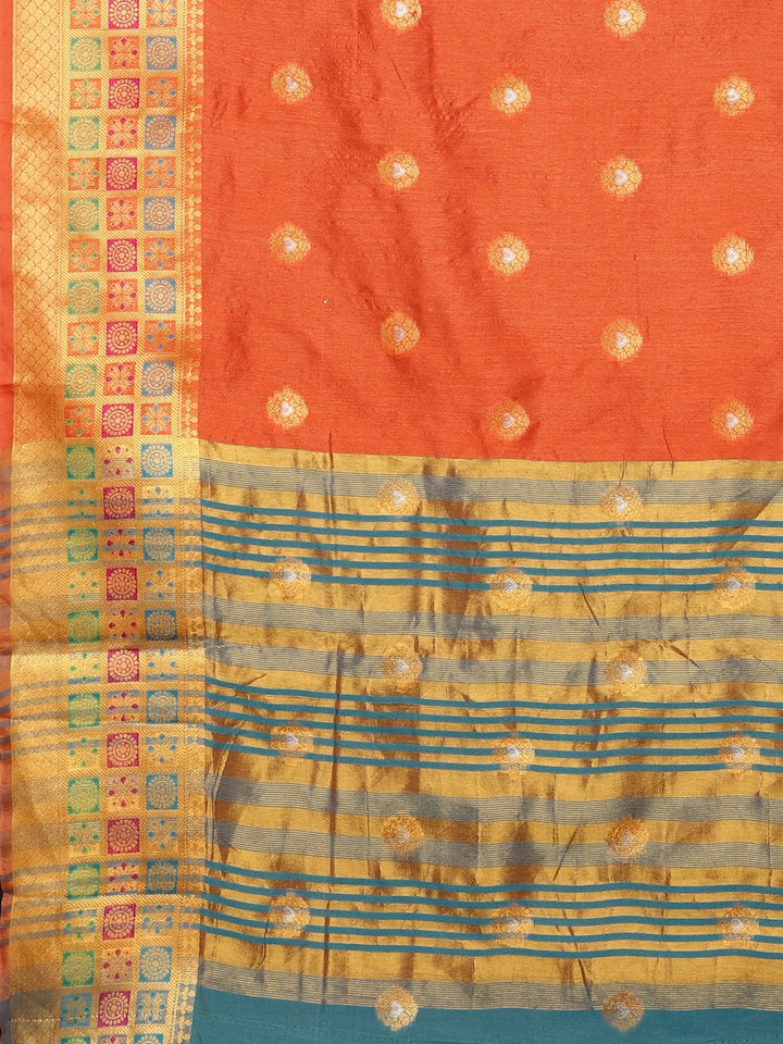 Neerus Orange Chanderi woven saree with blouse piece - detail view 1