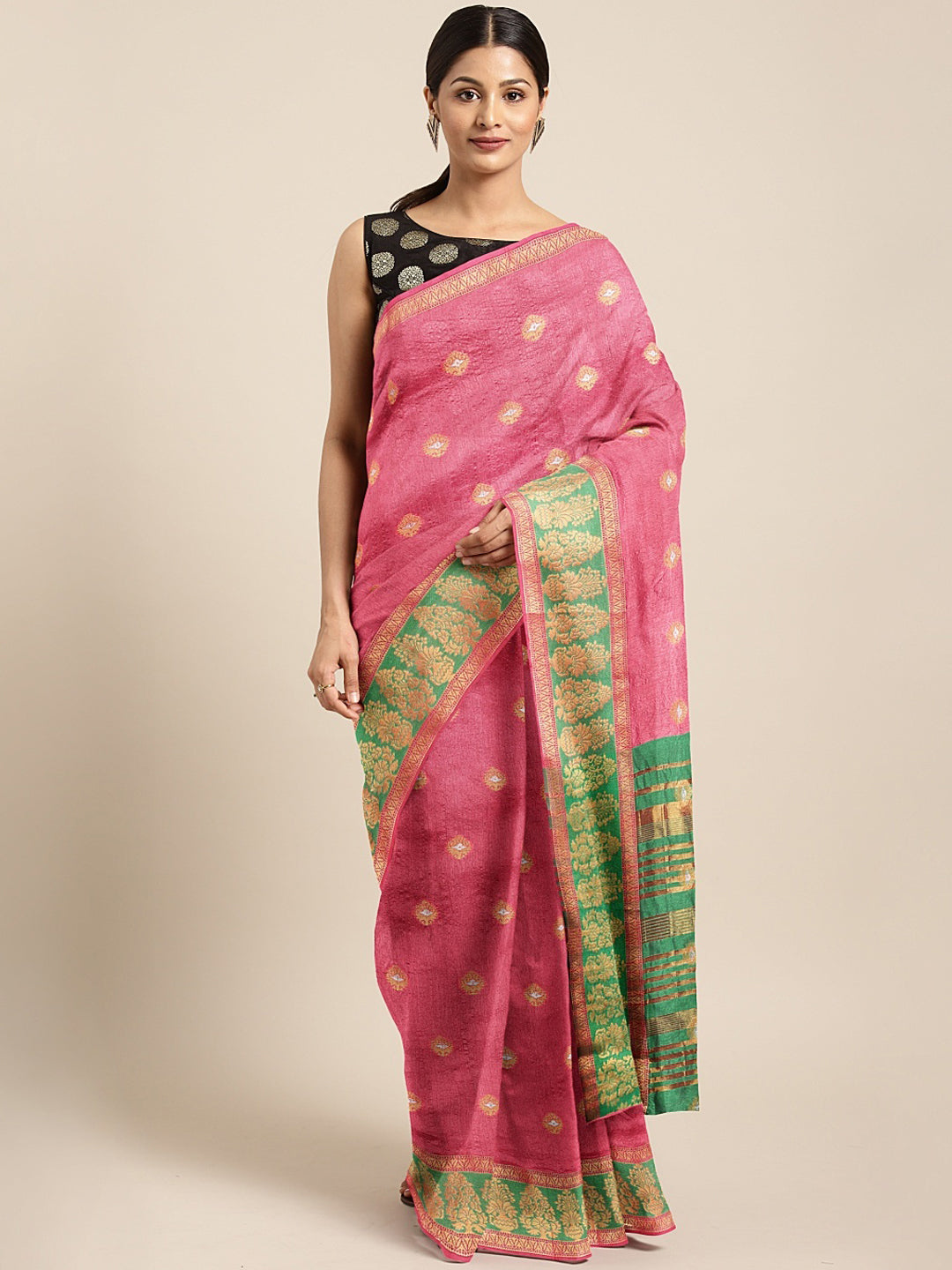 Neerus Green Textured Saree With Blouse