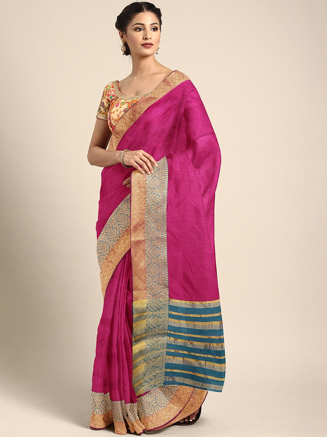 Neeru's Pink Textured Saree With Blouse
