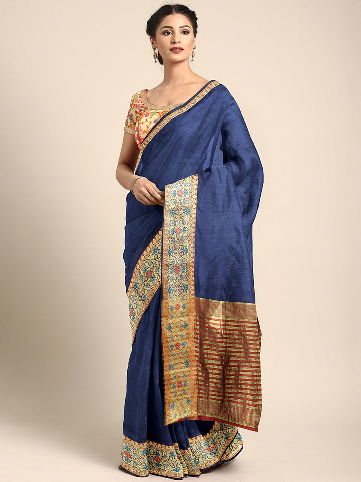 Neerus Blue Textured Saree With Blouse