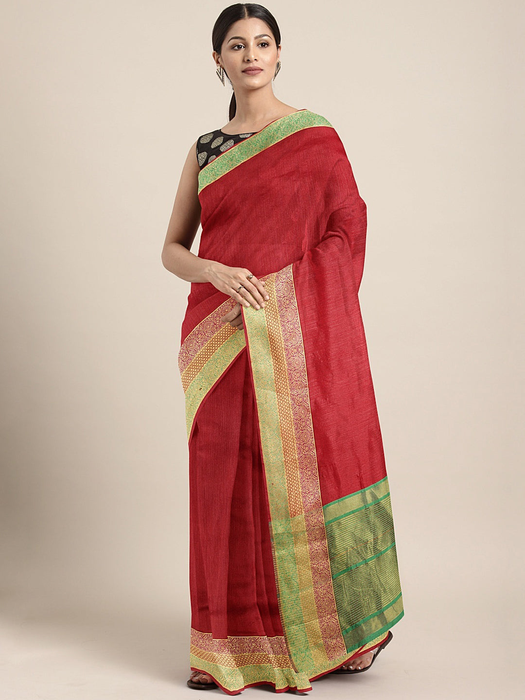 Neeru's Red Textured Saree With Blouse