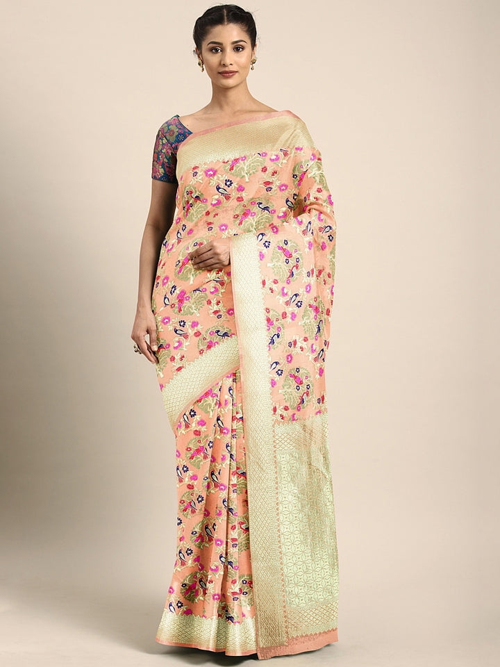 Neerus Orange Banarasi woven saree - front view