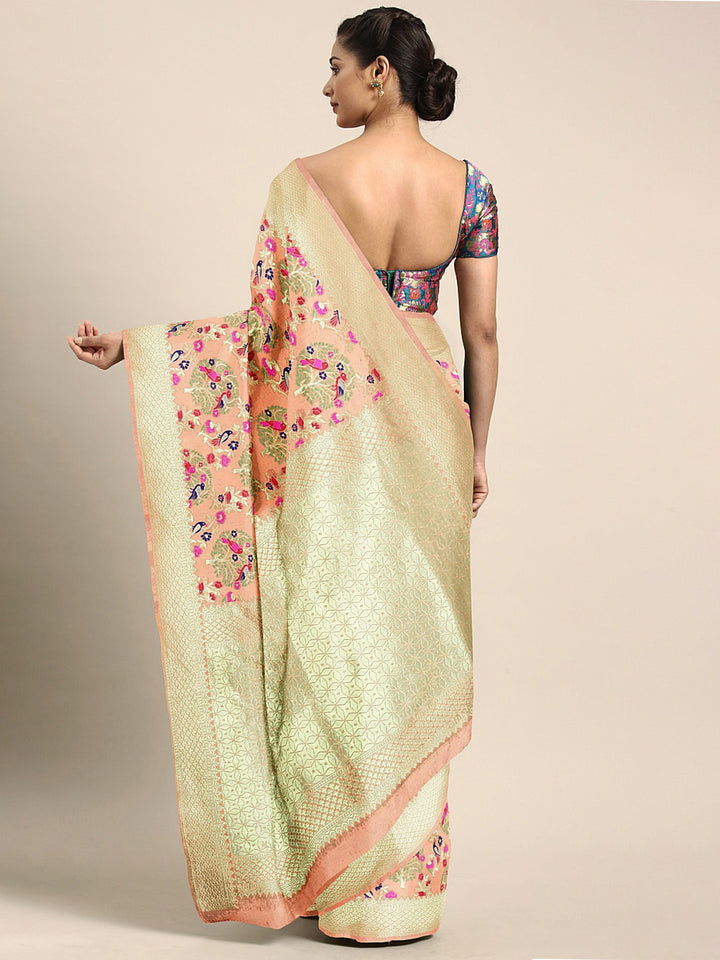 Neerus Orange Banarasi woven saree - back view