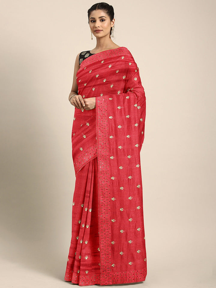 Neerus Red Embroidered Saree With Blouse