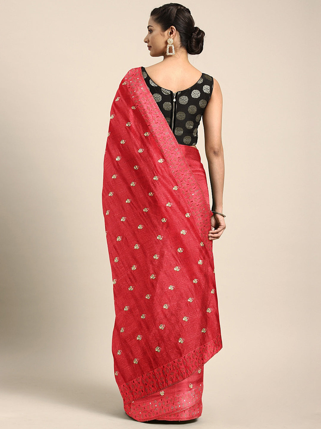 Neerus Red Embroidered Saree With Blouse