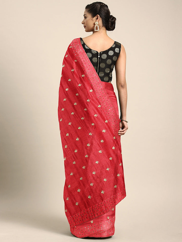 Neerus Red Embroidered Saree With Blouse