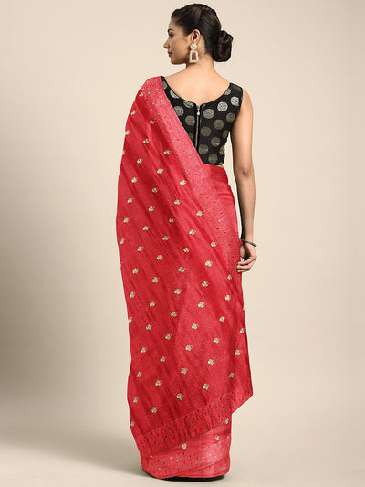 Neeru's Red Embroidered Saree With Blouse