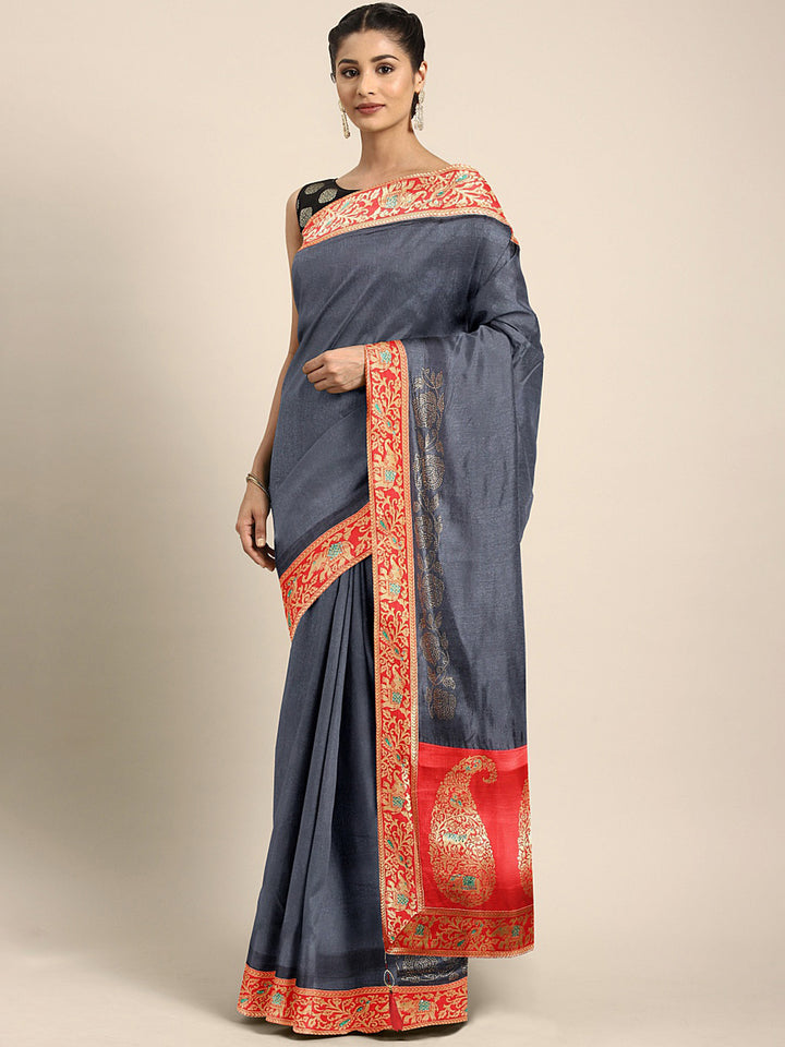 Neerus Grey silk embellished saree with beads and stones - front view