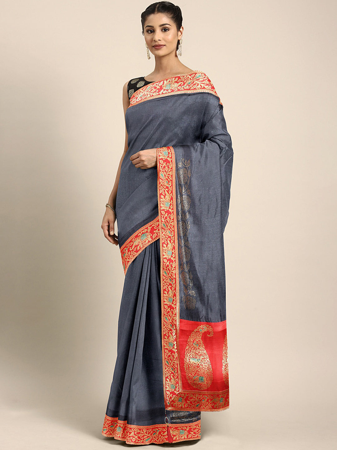 Neeru's Grey Solid Jute Silk Saree With Beads And Stones