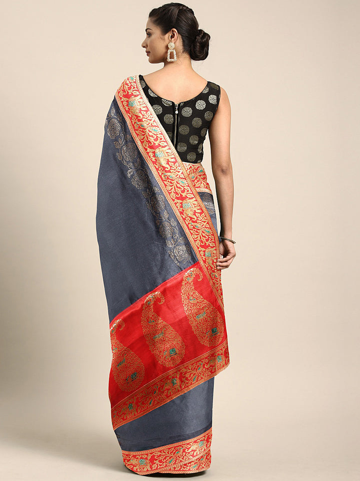Neerus Grey silk embellished saree with beads and stones - back view