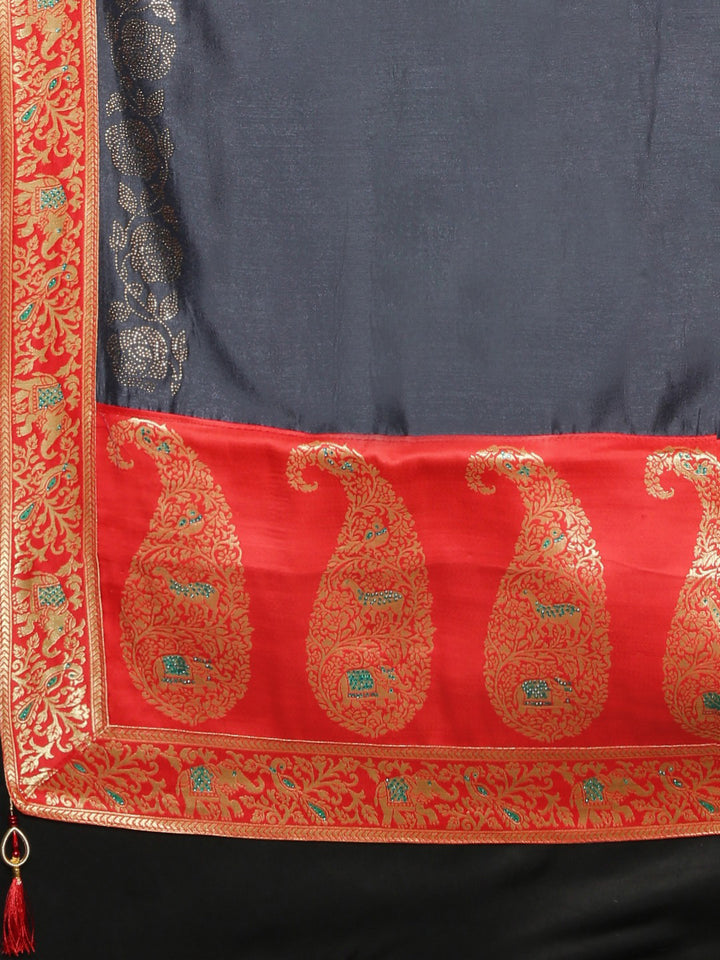 Neerus Grey silk embellished saree with beads and stones - detail view 1