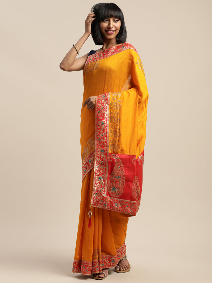 Neerus Yellow Textured Saree With Blouse