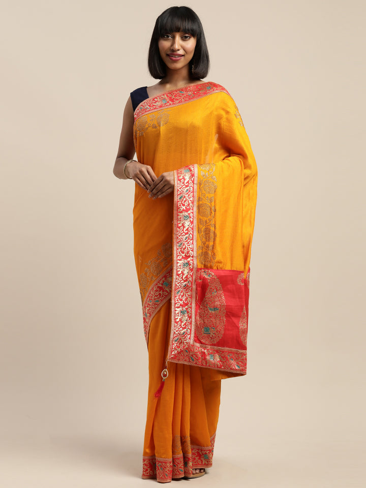 Neerus Yellow Textured Saree With Blouse