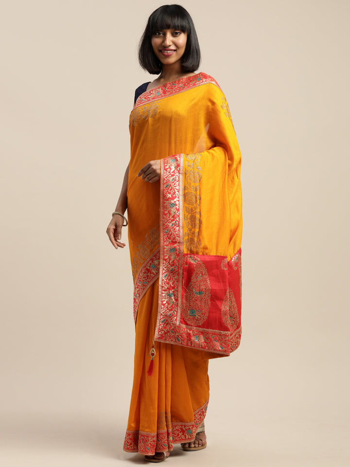 Neerus Yellow Textured Saree With Blouse