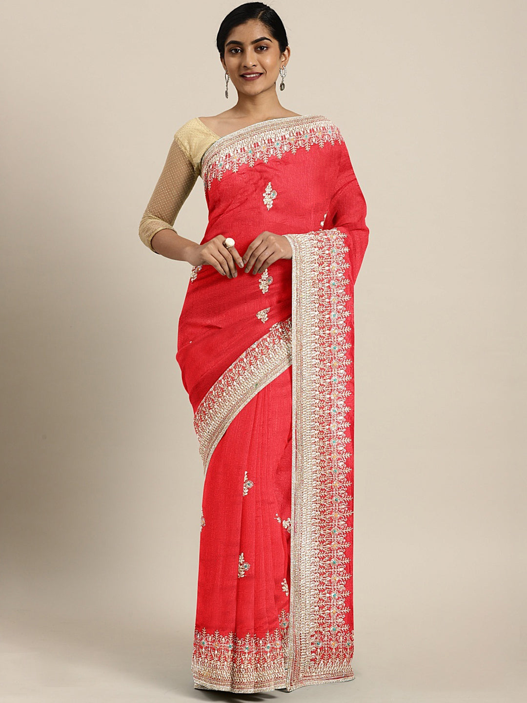 Neerus Red Embellished Saree With Blouse
