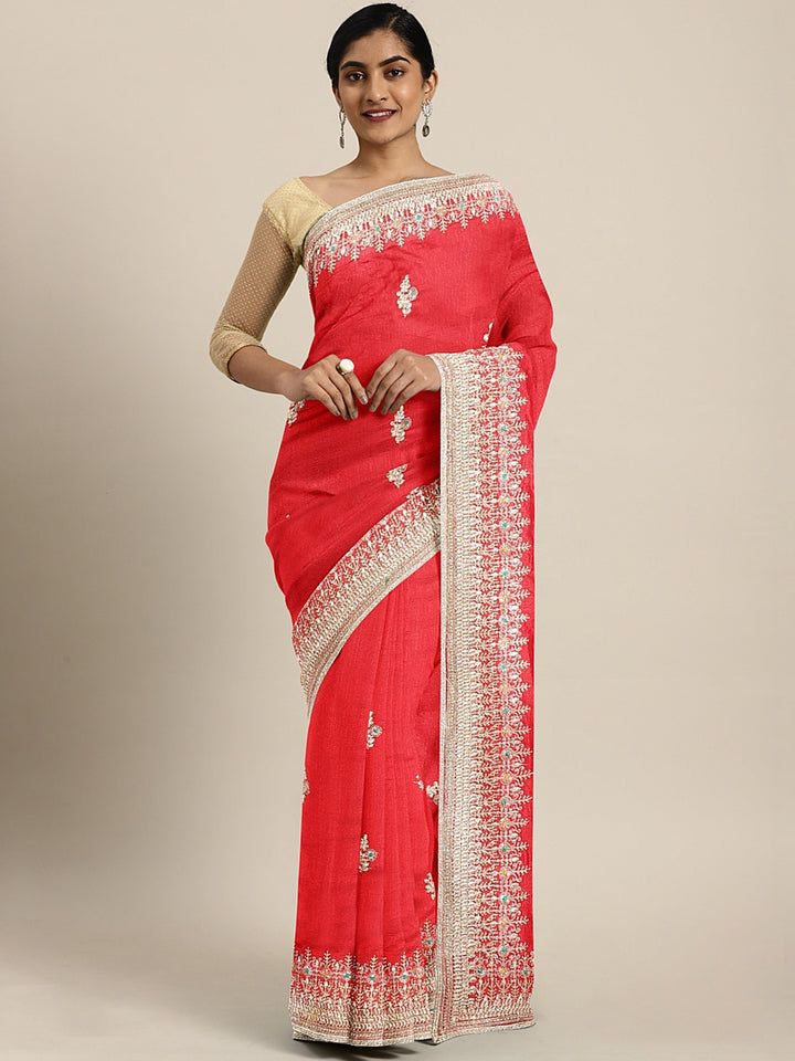 Neerus Red Embellished Saree With Blouse