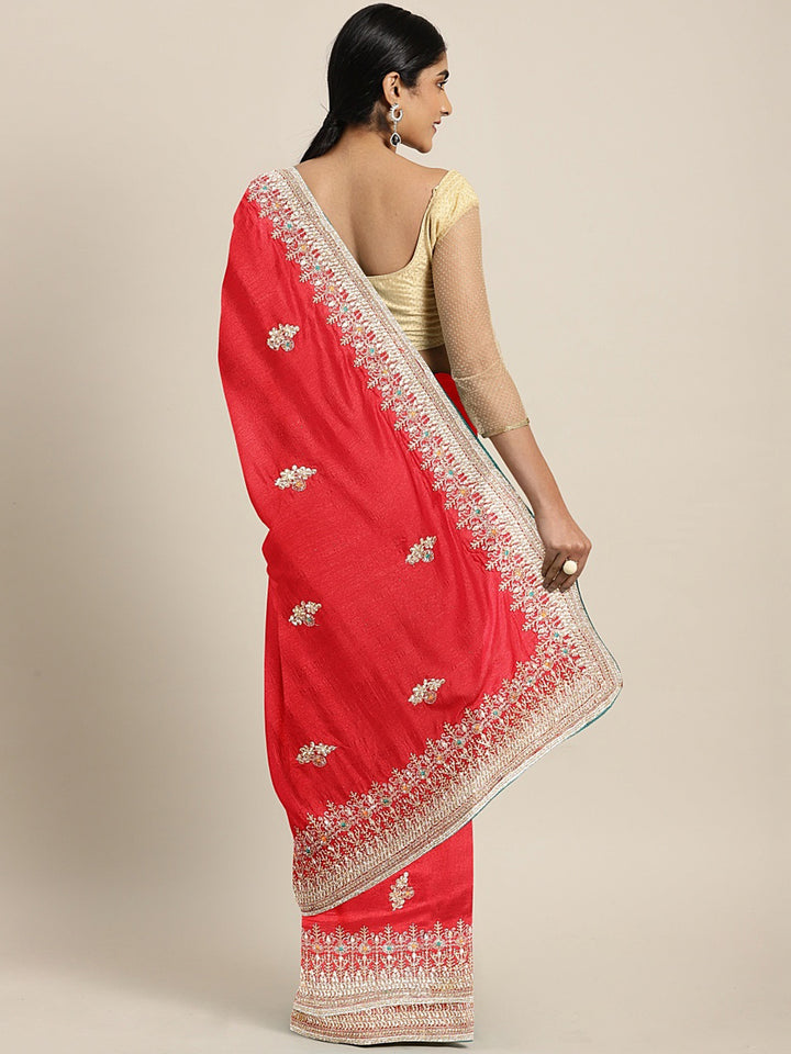 Neerus Red Embellished Saree With Blouse