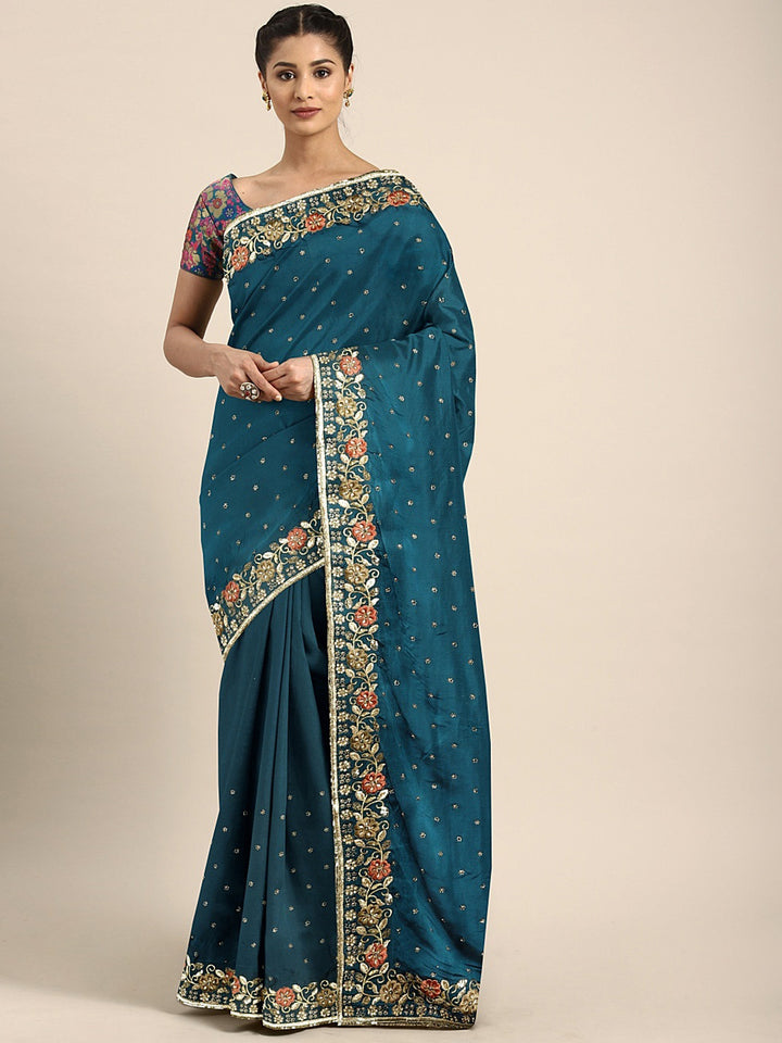 Neerus Navy Blue Navy Blue Poly Crepe Embellished Saree
