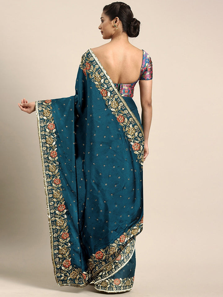 Neerus Navy Blue Navy Blue Poly Crepe Embellished Saree