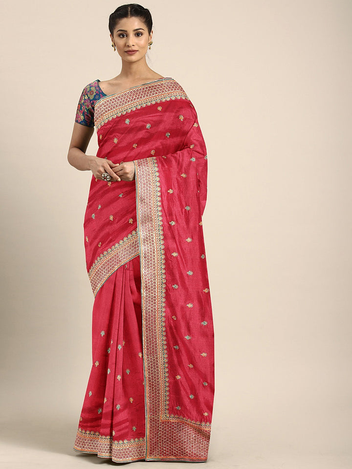 Neerus Red Embroidered Saree With Blouse