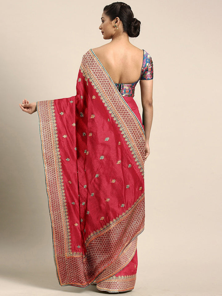 Neerus Red Embroidered Saree With Blouse