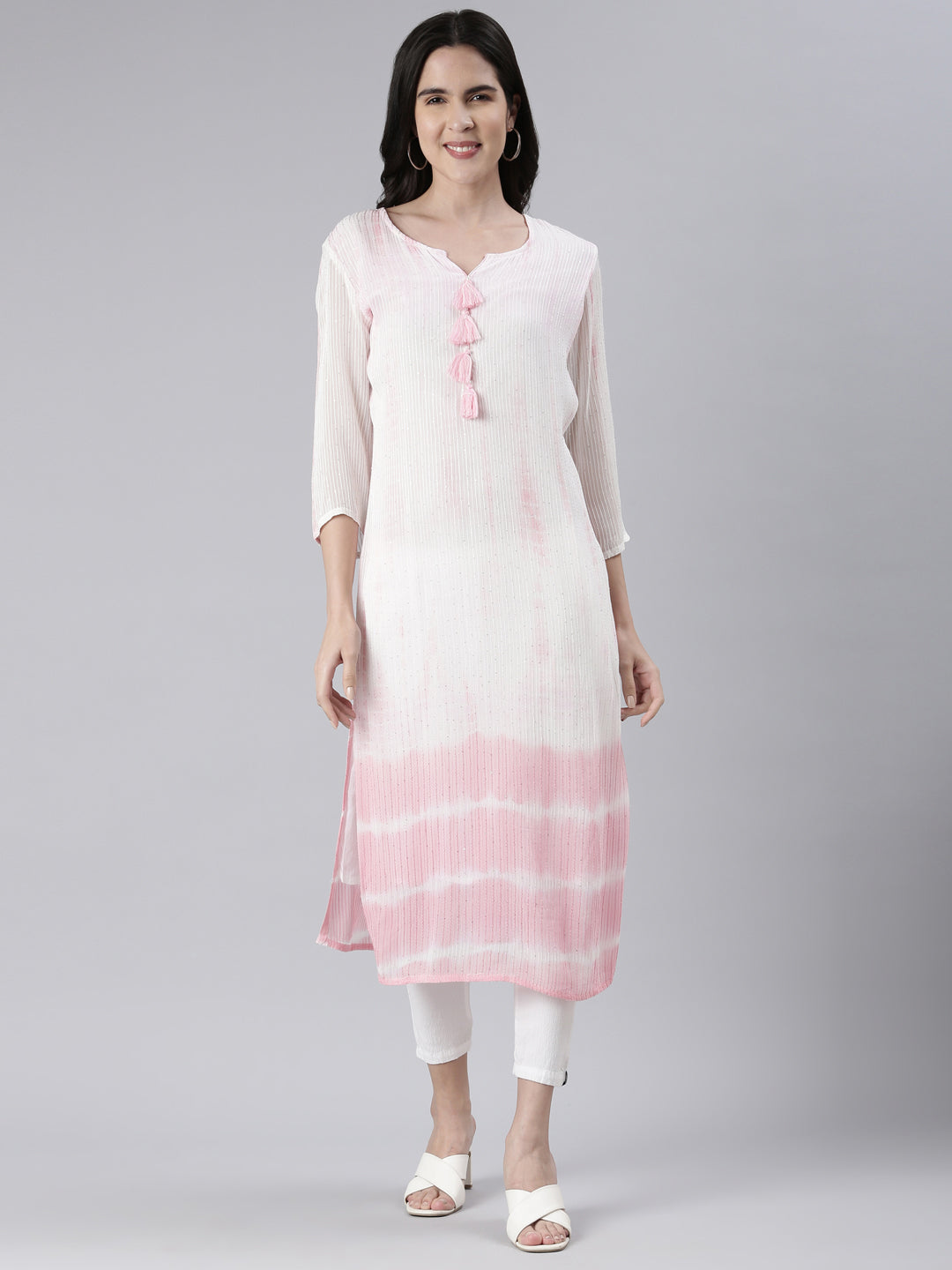 Neerus Pink cotton solid straight kurta - front view