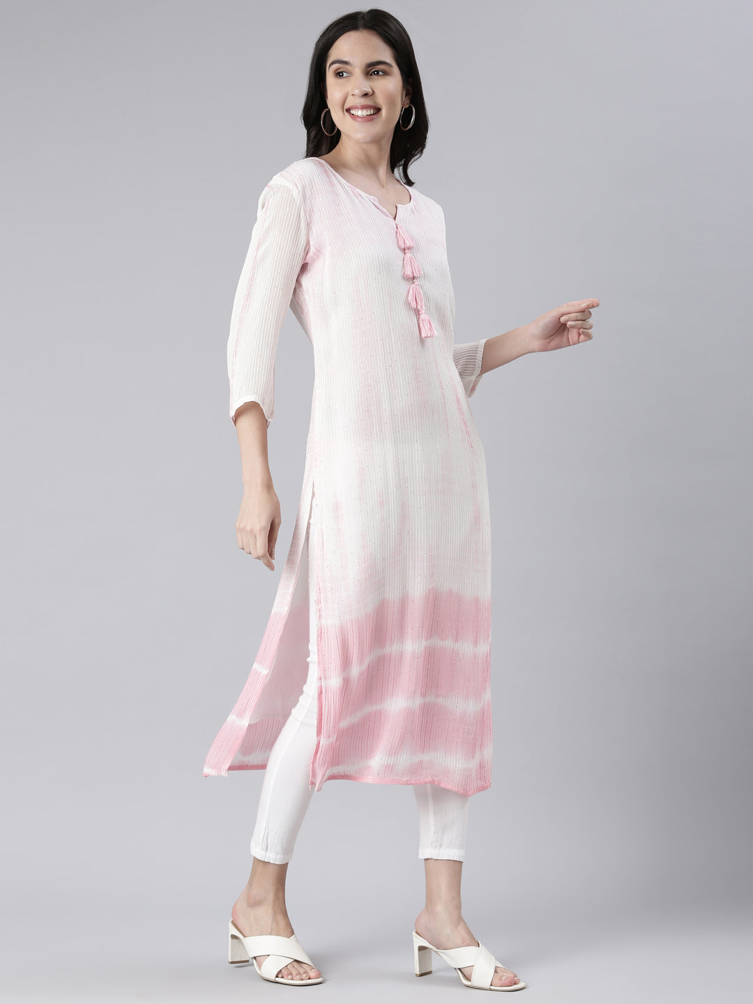 Neerus Pink cotton solid straight kurta - back view