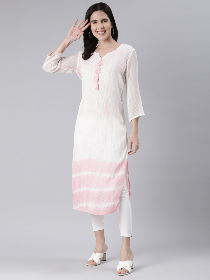 Neerus Pink cotton solid straight kurta - detail view 2