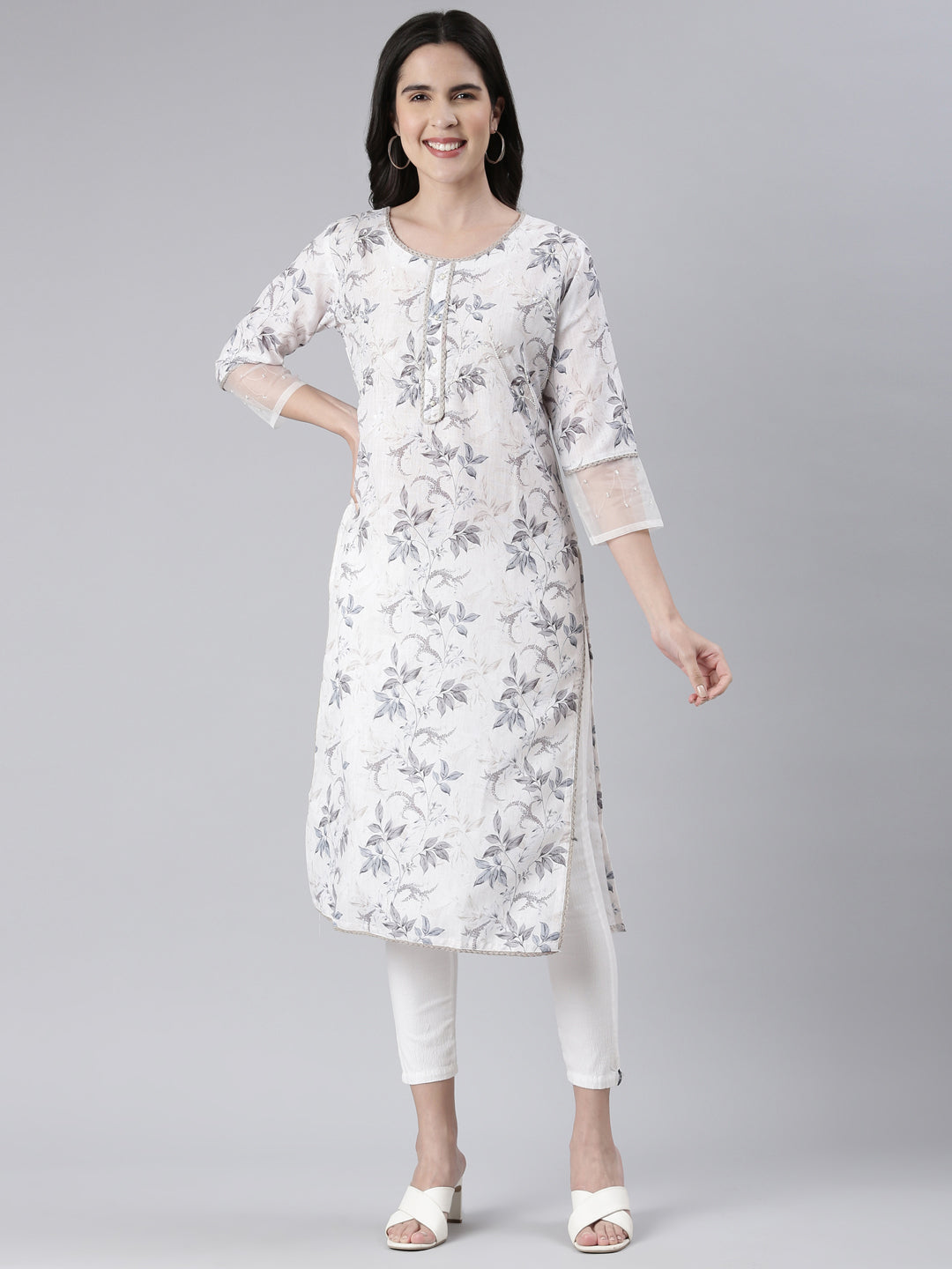Neerus White cotton printed straight kurta - front view